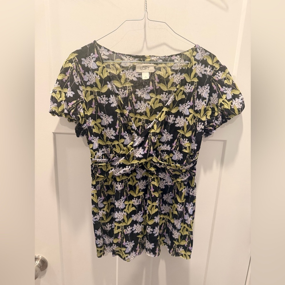 LOFT Floral Twist Front Top Womens Medium Puff Sleeve Mesh Blouse